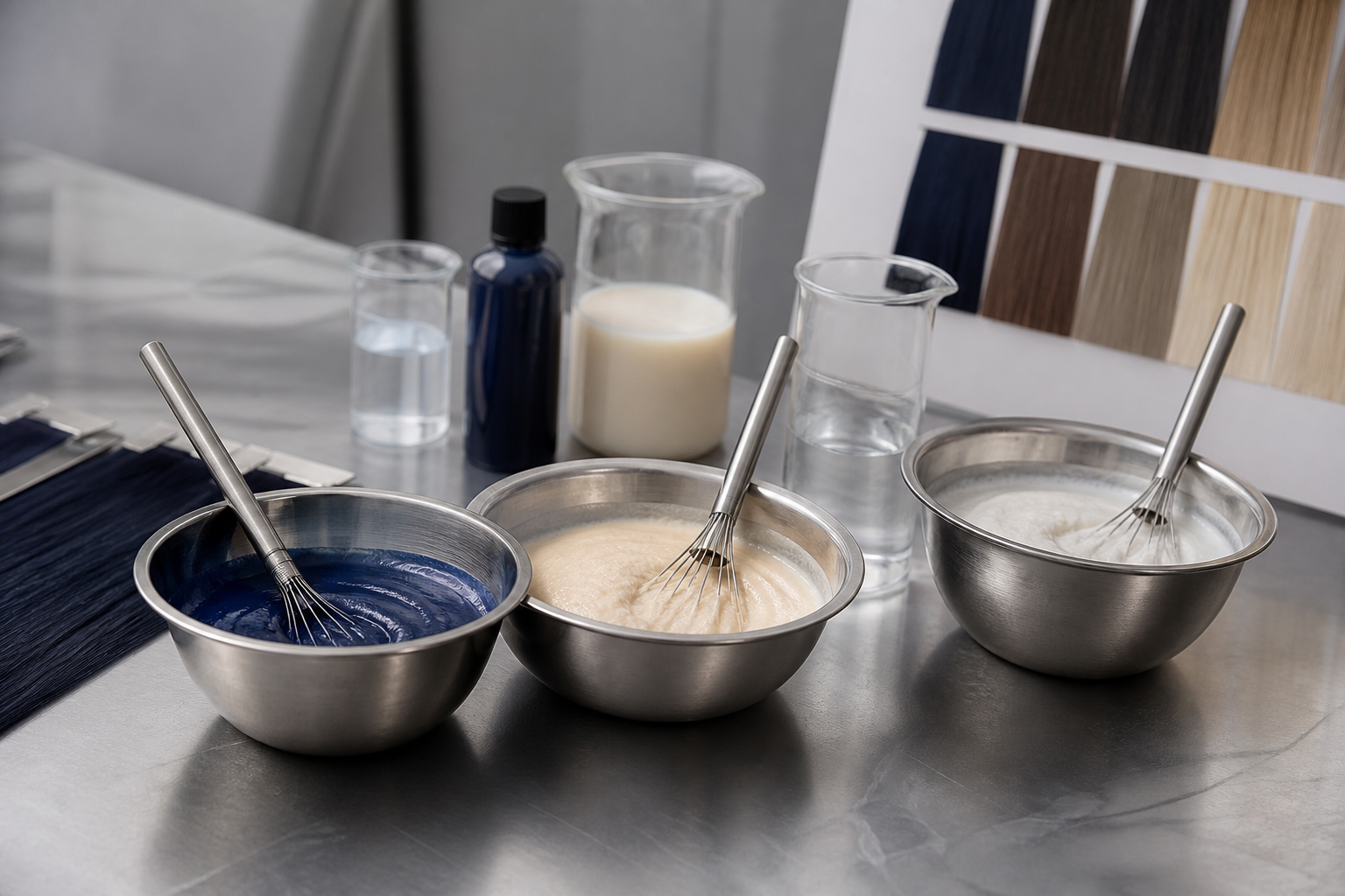 Professional hair color mixing bowls and tools in a salon setting